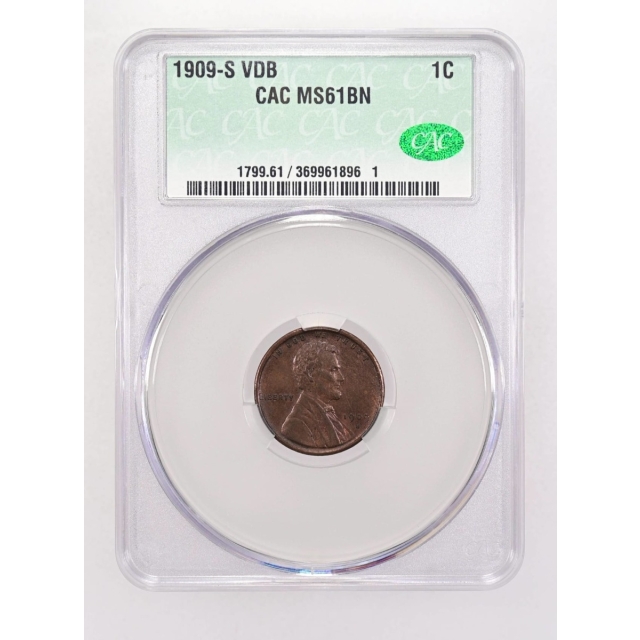 1909-S VDB 1C Lincoln Cent - Type 1 Wheat Reverse CACG MS61BN (CAC)