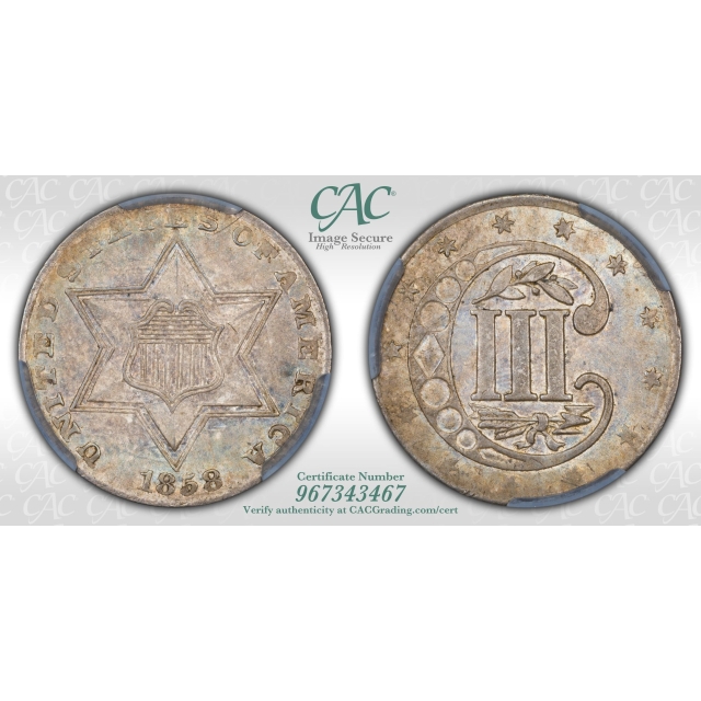 1858 Three Cent Piece - Silver Type 2 3CS CACG MS62 (CAC)