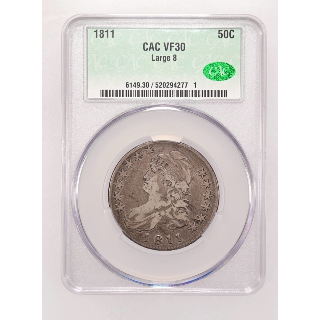 1811 50C Large 8 Capped Bust Half Dollar CACG VF30 (CAC)