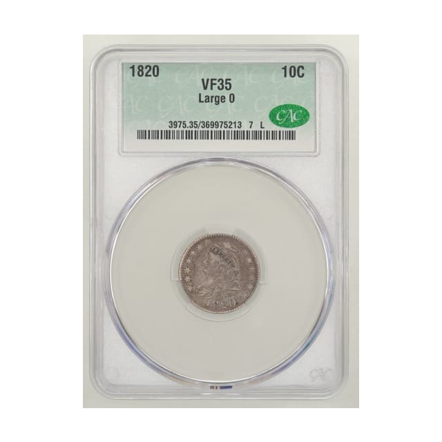 1820 10C Large 0 Capped Bust Dime CACG VF35 (CAC)