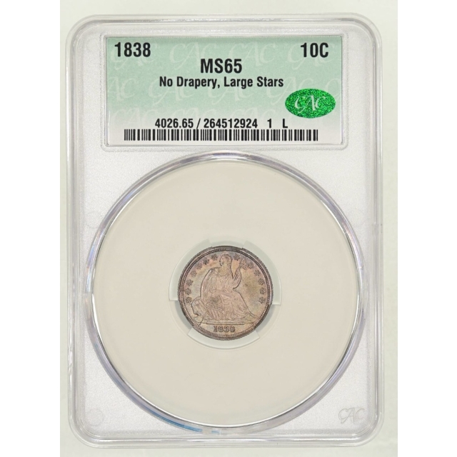 1838 LARGE STARS Seated Liberty Dime, No Drapery 10C CACG MS65 (CAC)