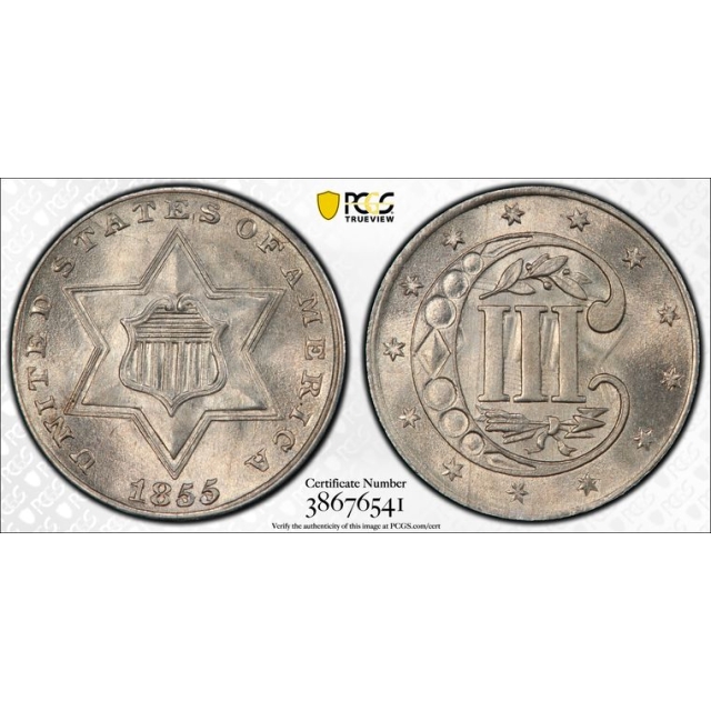 1855 3CS Three Cent Silver PCGS MS65 (CAC)