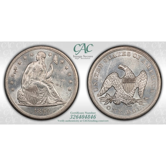 1860-O $1 Liberty Seated Dollar CACG MS61 (CAC)