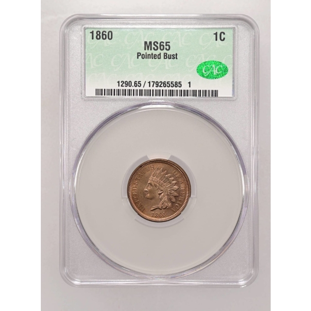 1860 1C Pointed Bust Indian Cent - Type 2 Copper-Nickel CACG MS65 (CAC)