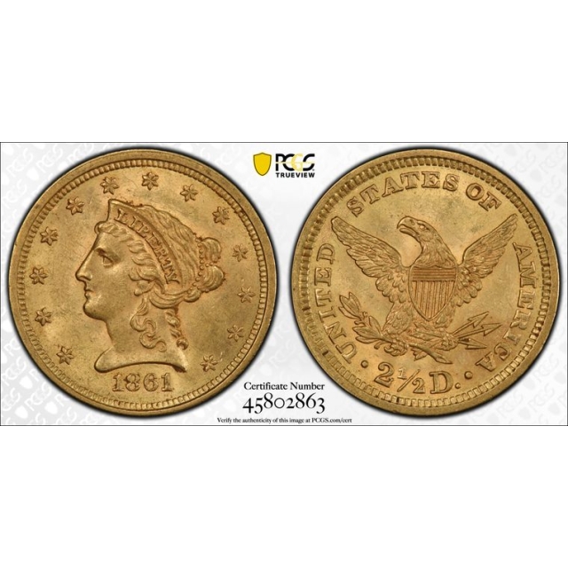 1861 $2.50 New Reverse Liberty Head Quarter Eagle PCGS AU58 (CAC)