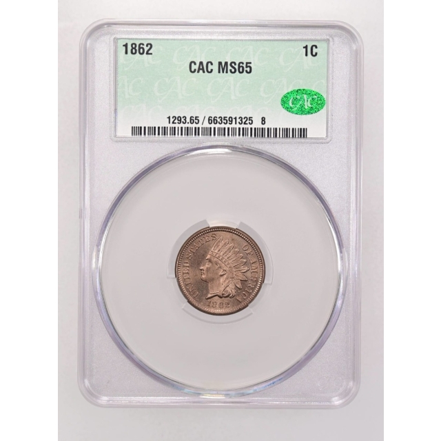 1862 1C Indian Cent - Type 2 Copper-Nickel CACG MS65
