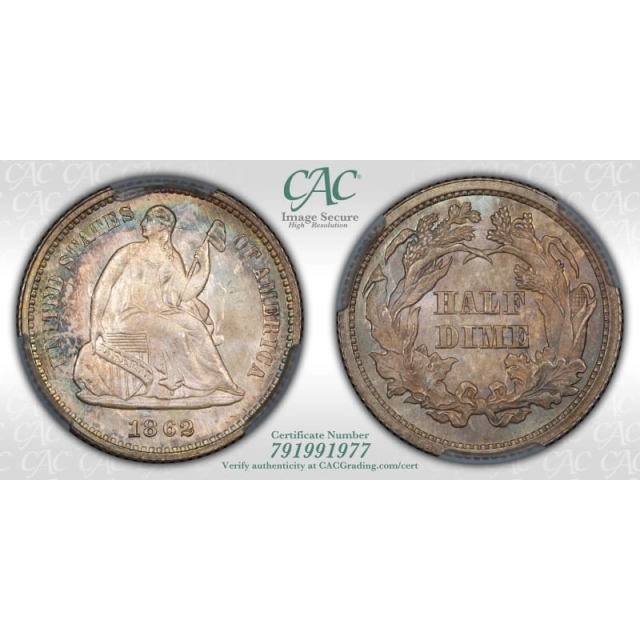 1862 H10C Liberty Seated Half Dime CACG MS67 (CAC)