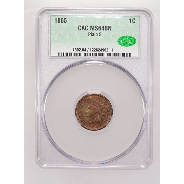 1865 1C Plain 5 Indian Cent - Type 3 Bronze CACG MS64BN (CAC)