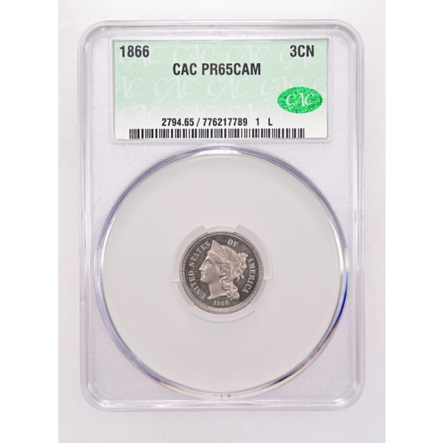 1866 3CN Three Cent Nickel CACG PR65CAM (CAC)