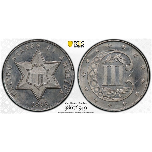 1866 3CS Three Cent Silver PCGS MS66 (CAC)