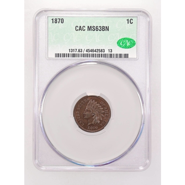 1870 1C Indian Cent - Type 3 Bronze CACG MS63BN (CAC)