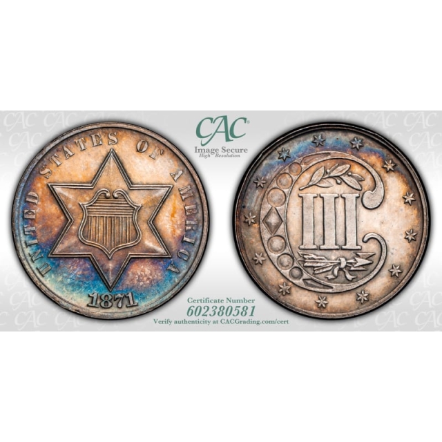 1871 3CS Three Cent Silver CACG PR65