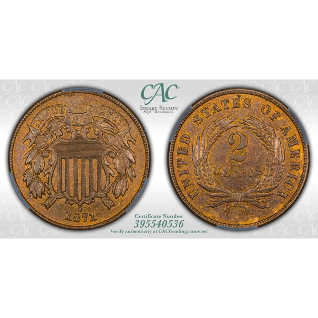 1871 Two Cent Piece 2C CACG MS63RB (CAC)
