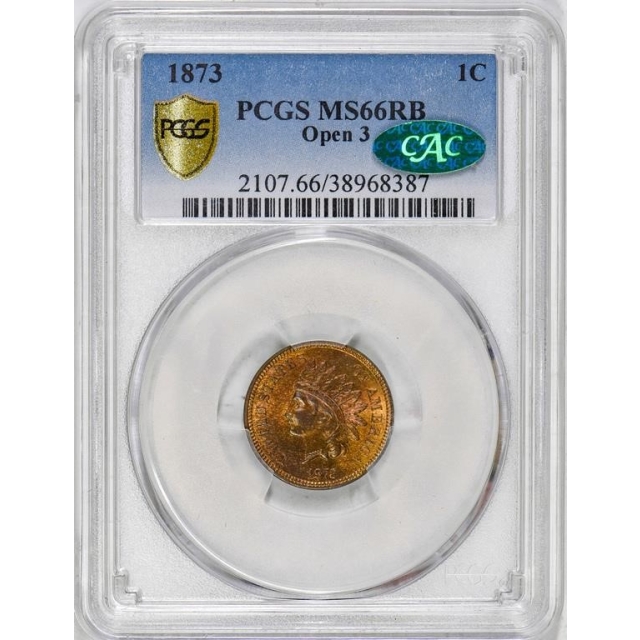 1873 1C Open 3 Indian Cent - Type 3 Bronze PCGS MS66RB (CAC)