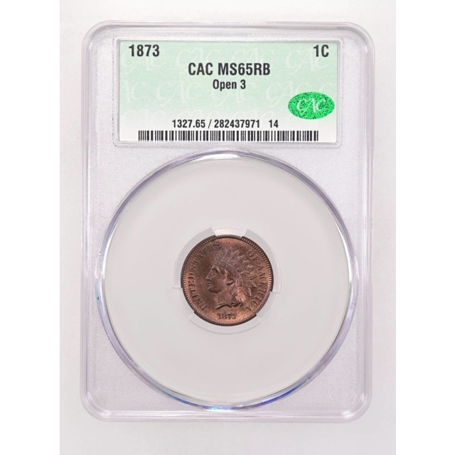 1873 1C Open 3 Indian Cent - Type 3 Bronze CACG MS65RB (CAC)