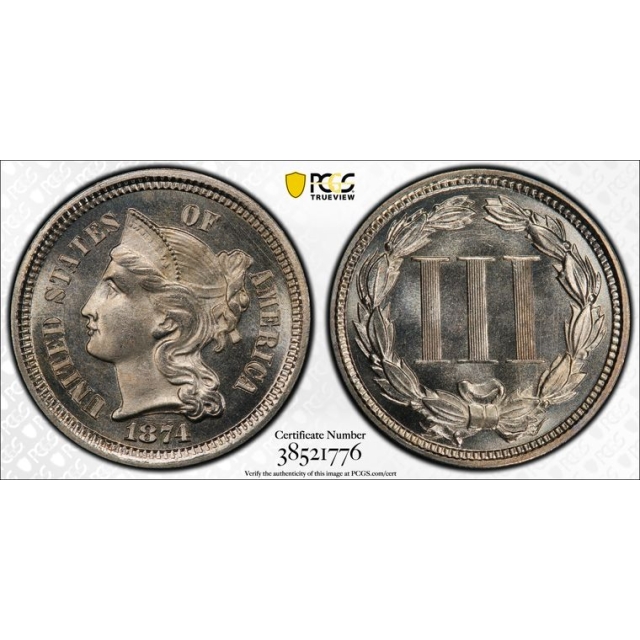 1874 3CN Three Cent Nickel PCGS PR67 (CAC)