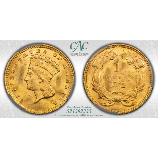 1874 G$1 Gold Dollar CACG MS64 (CAC)
