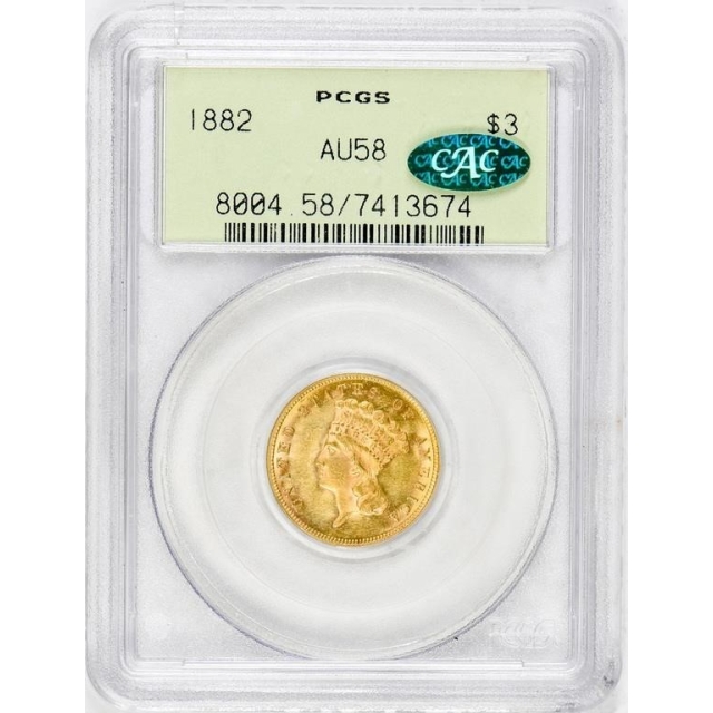 1882 $3 Three Dollar PCGS AU58 (CAC)