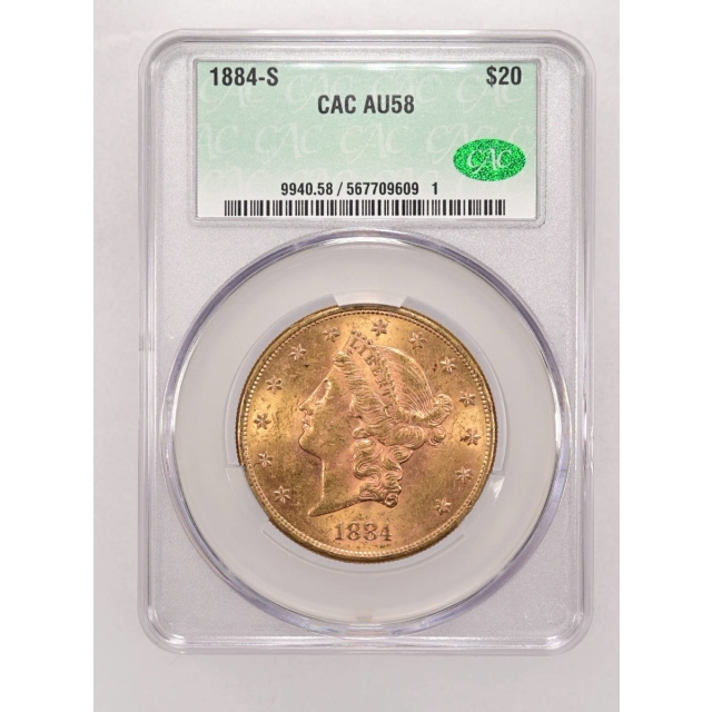1884-S $20 Liberty Head Double Eagle CACG AU58 (CAC)