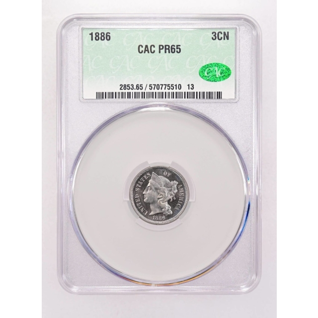 1886 3CN Three Cent Nickel CACG PR65 (CAC)