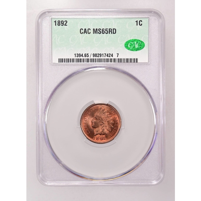 1892 1C Indian Cent - Type 3 Bronze CACG MS65RD (CAC)