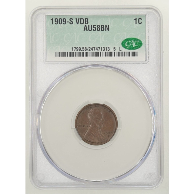 1909-S VDB 1C Lincoln Cent - Type 1 Wheat Reverse CACG AU58BN (CAC)
