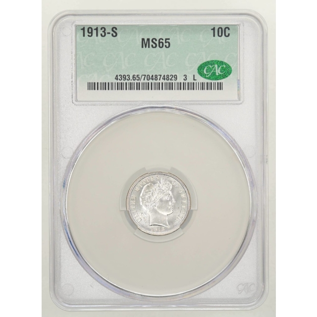 1913-S 10C Barber Dime CACG MS65 (CAC)