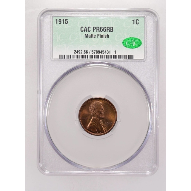 1915 1C Lincoln Cent - Type 1 Wheat Reverse CACG PR66RB (CAC)