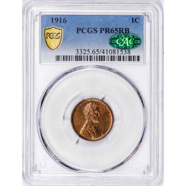 1916 1C Lincoln Cent - Type 1 Wheat Reverse PCGS PR65RB (CAC)
