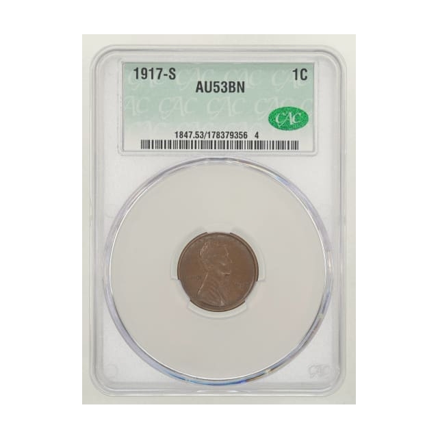 1917-S 1C Lincoln Cent - Type 1 Wheat Reverse CACG AU53BN (CAC)