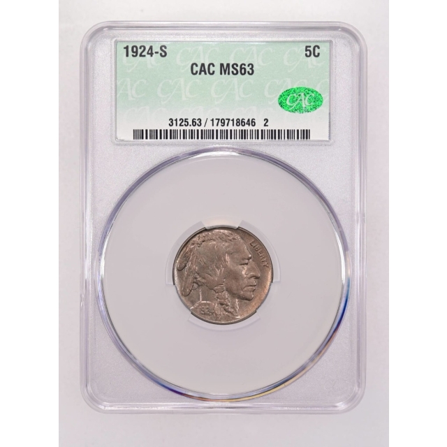 1924-S 5C Buffalo Nickel CACG MS63 (CAC)