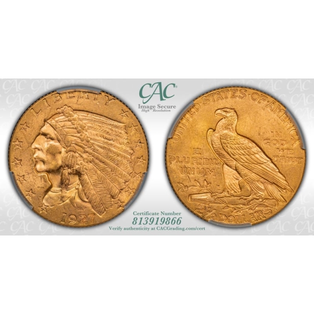 1927 $2.50 Indian Head CACG MS64 (CAC)