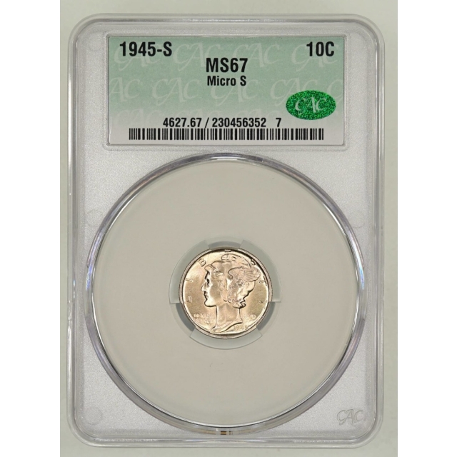 1945-S 10C Micro S Mercury Dime CACG MS67 (CAC)