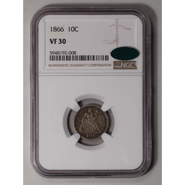 1866 Seated Liberty Dime 10C NGC VF30 (CAC)
