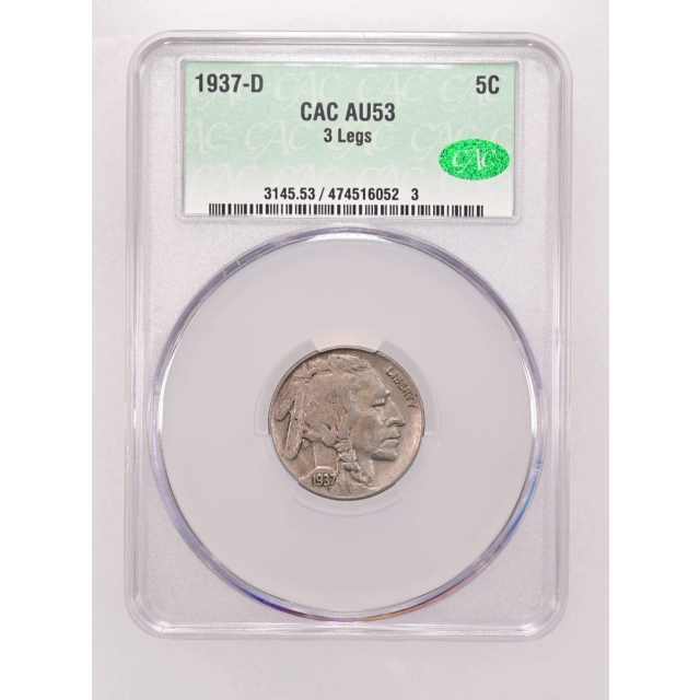 1937-D 5C 3 Legs Buffalo Nickel CACG AU53 (CAC)