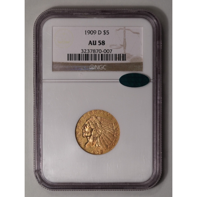 1909-D Indian $5 NGC AU58 (CAC)