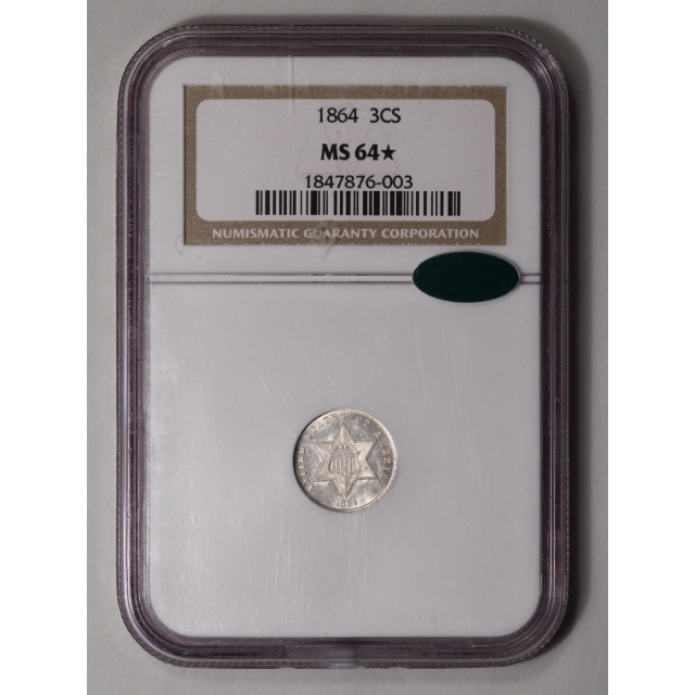 1864 Three Cent Piece - Silver Type 3 3CS NGC MS64 (CAC/STAR)