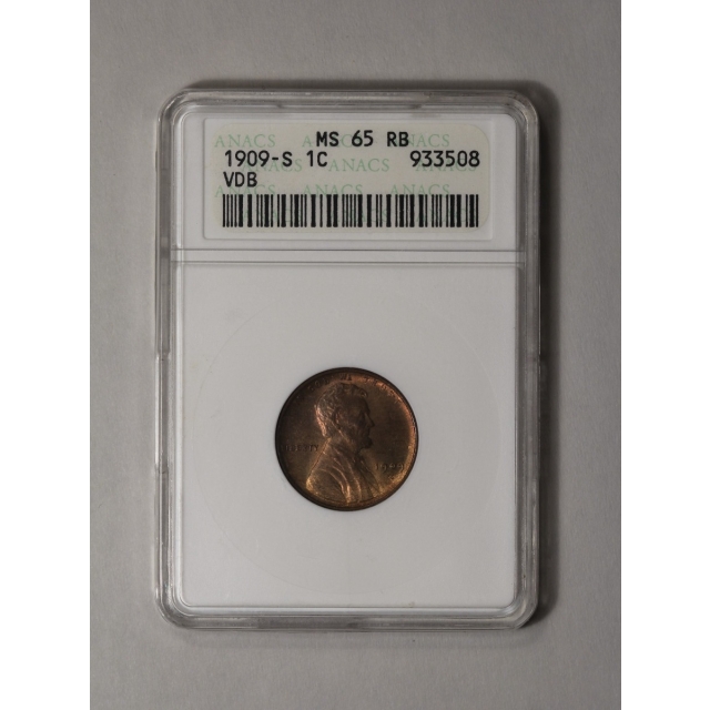 1909-S VDB 1C Lincoln Cent - Type 1 Wheat Reverse ANACS MS65RB