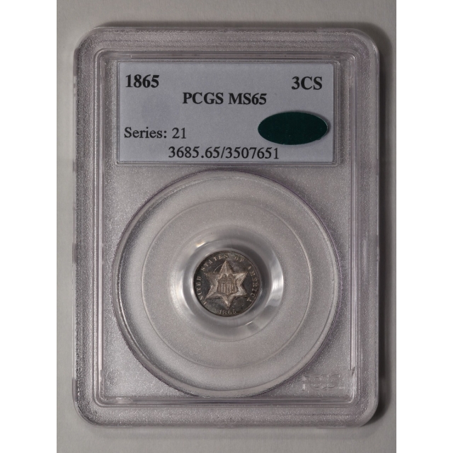1865 3CS Three Cent Silver PCGS MS65 (CAC)