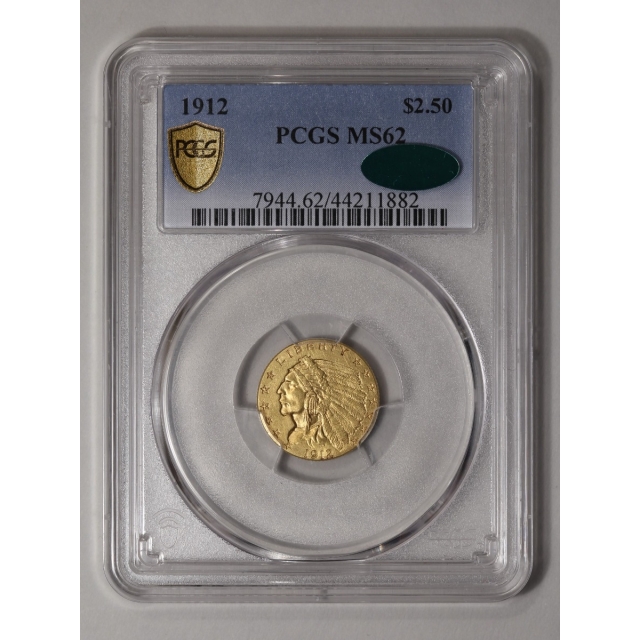 1912 $2.50 Indian Head PCGS MS62 (CAC)