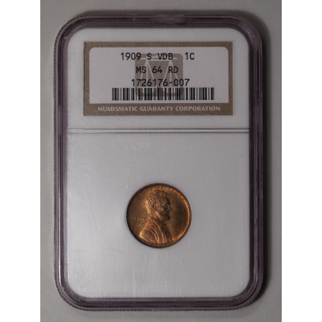 1909-S VDB 1C Lincoln Cent - Type 1 Wheat Reverse NGC MS64 RD