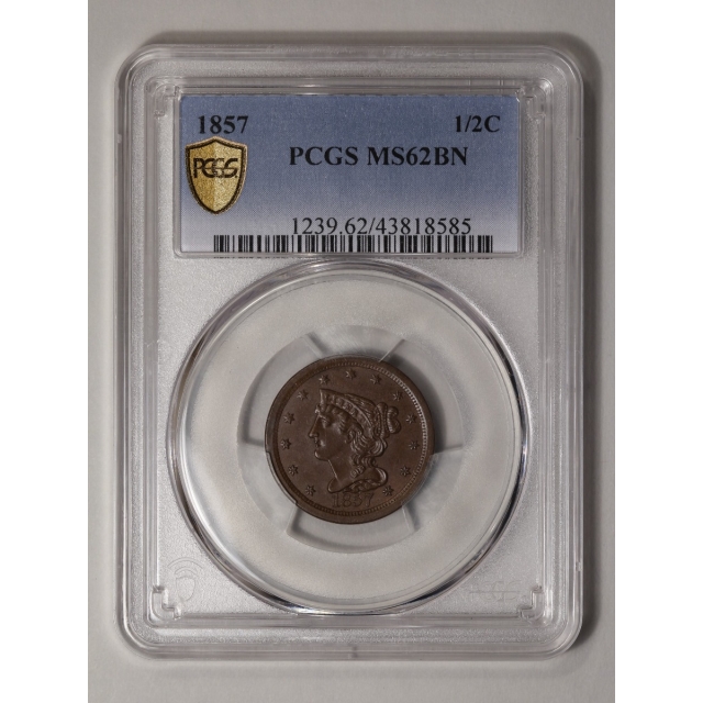 1857 1/2C Braided Hair Half Cent PCGS MS62BN