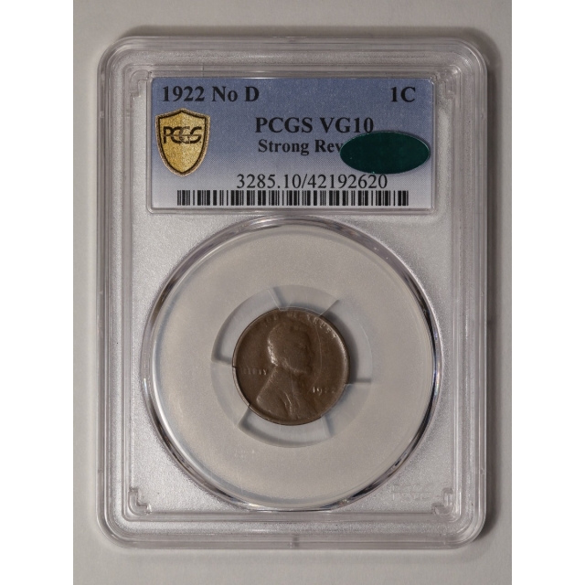 1922 No D 1C Strong Reverse Lincoln Cent - Type 1 Wheat Reverse PCGS VG10BN (CAC)