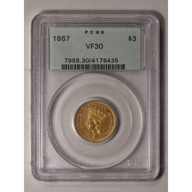 1867 $3 Three Dollar PCGS VF30
