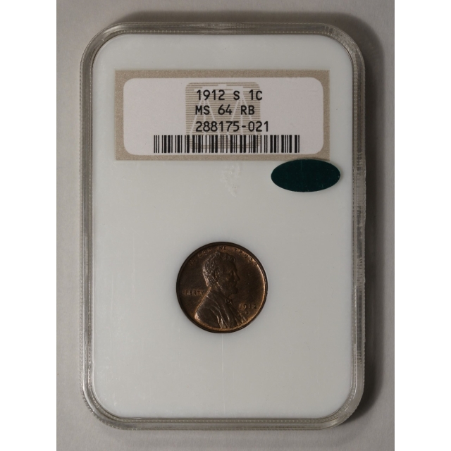 1912-S Wheat Reverse Lincoln Cent 1C NGC MS64RB (CAC)