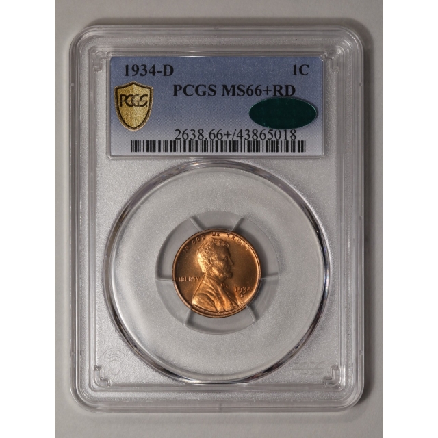 1934-D 1C Lincoln Cent - Type 1 Wheat Reverse PCGS MS66+RD (CAC)
