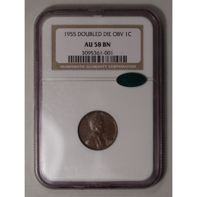 1955 DOUBLED DIE OBV Wheat Reverse Lincoln Cent 1C NGC AU58BN (CAC)