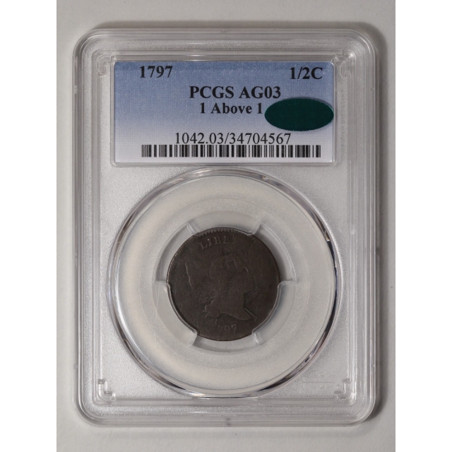 1797 1/2C 1 above 1 Liberty Cap Half Cent - Type 3 Facing Right Small Head PCGS AG3BN (CAC)