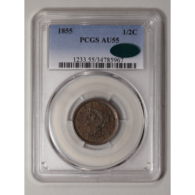 1855 1/2C Braided Hair Half Cent PCGS AU55BN (CAC)