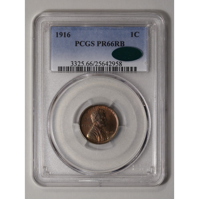 1916 1C Lincoln Cent - Type 1 Wheat Reverse PCGS PR66RB (CAC)